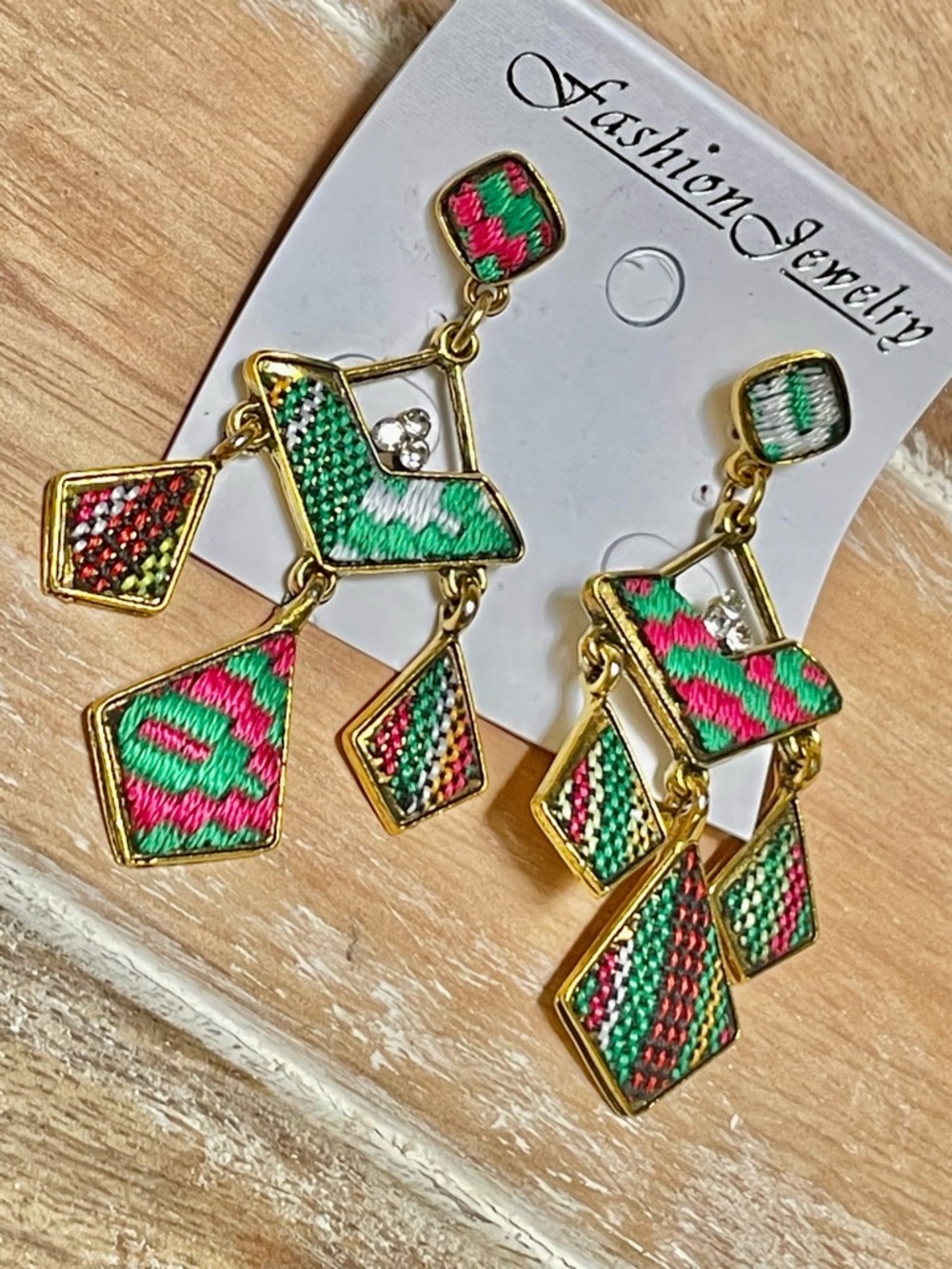 Handmade Embroidered Needlepoint Gol-Tone Green, Red, Deep Pink Drop Earrings
